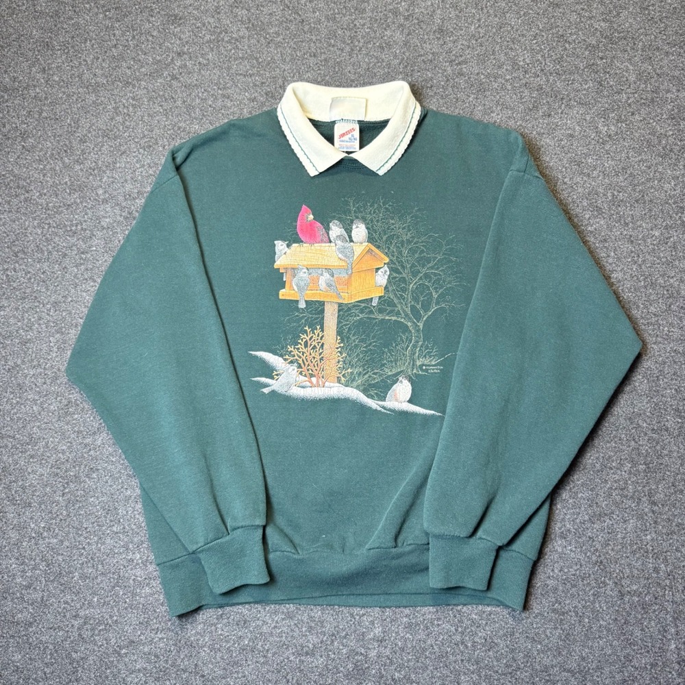 Vintage Morning Sun Sweatshirt Womens XL Green Birdhouse Cardinal Jerzees Top